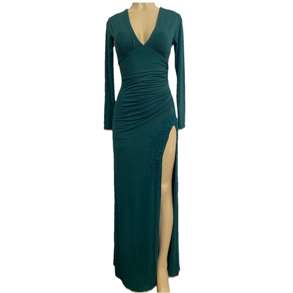 NWT SKY Dress V Neck Long Sleeve Maxi A line Ruched Green Long Slit Knit XS - Picture 1 of 9
